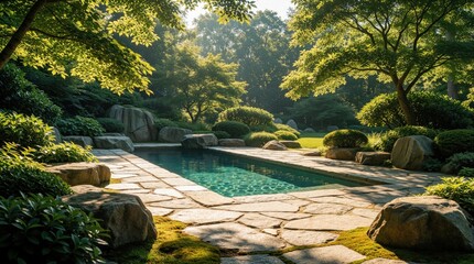 Obraz premium Rectangular pool with clear turquoise water surrounded by rich greenery and large stones. Sunlit flagstone patio leads to serene garden. Peaceful backyard oasis evokes tranquility and calm.
