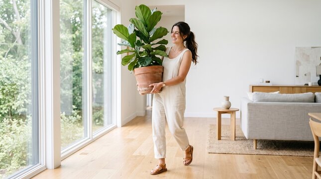 Woman carrying a large potted fiddle leaf fig plant inside a bright modern living room with large windows
