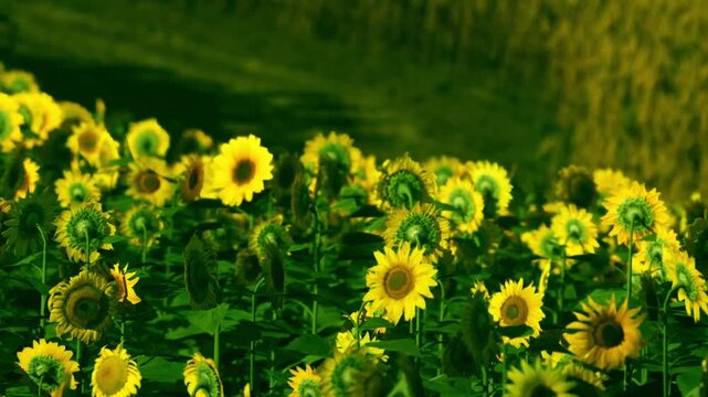 Sunflowers fill the field with bright yellow blooms. They stand tall under the warm sun. The scene shows lush greenery in the background and a dirt path nearby.