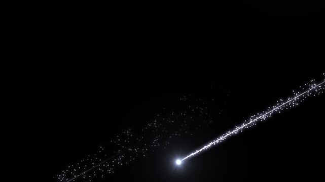 Magical glitter trail line animation on white shimmer particles, glowing magic particle light streak trail overlay visual, space meteor shower backdrop element on isolated dark black background. 4k