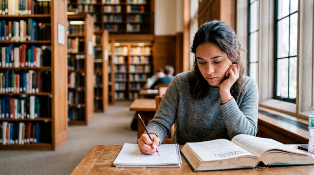 Woman student studying chemistry with textbook and notebook in university library. Young girl preparing for exam. Academic research, education and learning concept, back to school period.
