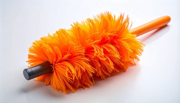 Bright orange feather duster with fluffy cleaning head, plastic handle, vivid texture, household cleaning tool, vibrant design, utility focus.