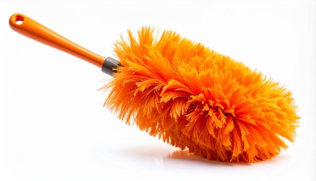 Bright orange feather duster with fluffy cleaning head, plastic handle, vivid texture, household cleaning tool, vibrant design, utility focus.