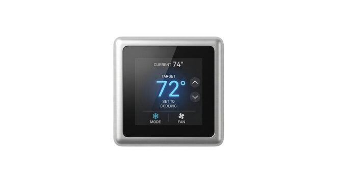 Smart thermostat displaying current and target temperatures for cooling