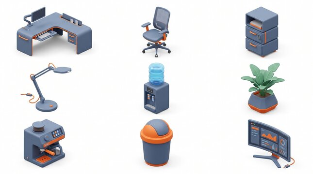 Isometric 3D Office Workspace and Business Furniture Icon Set Isolated
