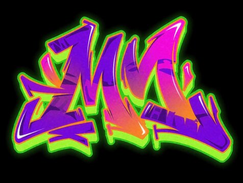 Wildstyle graffiti letter M illustration. Vibrant purple pink orange graffiti artwork with neon green outline. Urban street art style graphic design element.