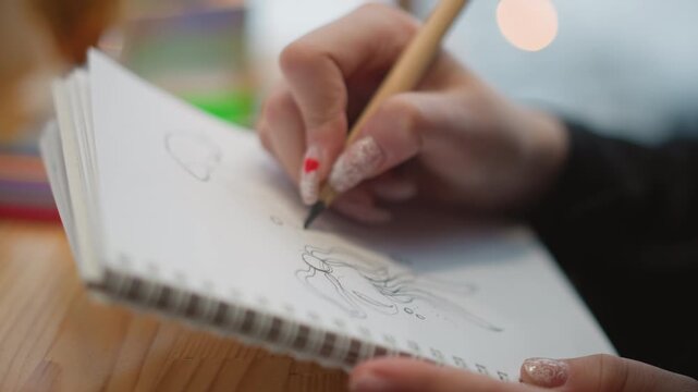 Over shoulder closeup shows child hands sketching with pencil on spiral notebook, visible drawing action, slight blur, erased marks, and graphite smudges suggesting careful creative practice in warm