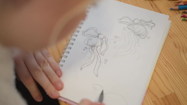 Close over shoulder view shows person drawing jellyfish and small creature in spiral bound sketchbook, pencil moving across paper on wooden table under warm natural light, with sketching, drawing