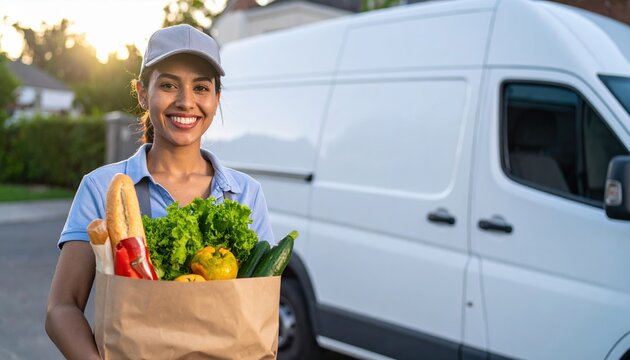 Grocery delivery courier carrying reusable shopping box filled with vegetables and fresh products beside delivery van