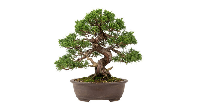 Twisted juniper bonsai tree in a ceramic pot with moss and pebbles