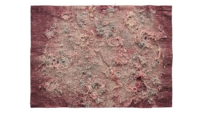 Distressed and worn red fabric texture with frayed edges and holes isolated on white background