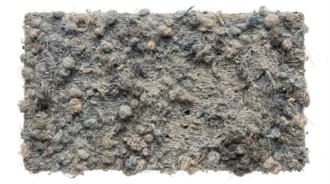 Closeup of a heavily pilled and worn grey fabric texture, showing matted fibers and lint balls on a knitted material surface