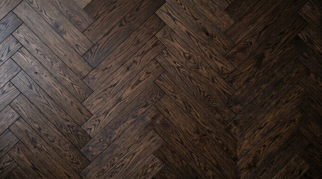 Dark wooden parquet flooring texture with dark oak herringbone pattern background