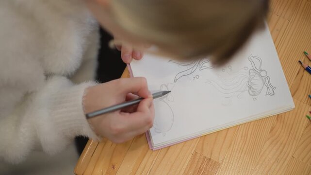 Overhead close-up shows child sketching in open spiral notebook on wooden table, right hand guiding pen across page while left hand steadies paper, with doodles and colored pencils nearby