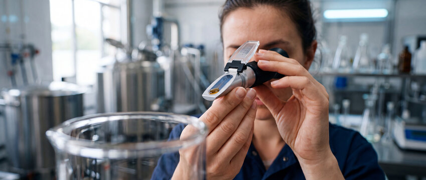 Female scientist using refractometer to measure liquid sample in modern laboratory or brewery testing facility