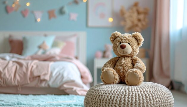 Cute teddy bear sitting on soft pouf in modern children bedroom, pastel interior, cozy nursery decoration, shallow depth of field