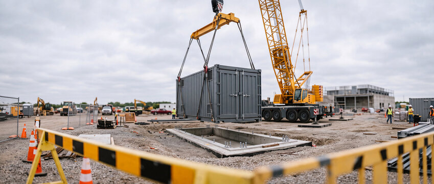 Yellow mobile crane lifting shipping container at busy construction site with workers and safety barriers