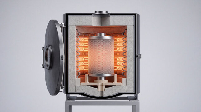 Cross-section view of industrial electric furnace with glowing heating elements and ceramic insulation