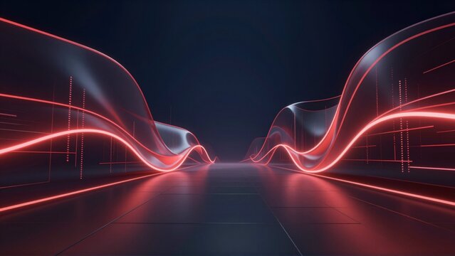 digital art piece appears futuristic landscape dark background focal point floor which series curved lines form wave like pattern lines bright red appear glowing creating sense movement energy either