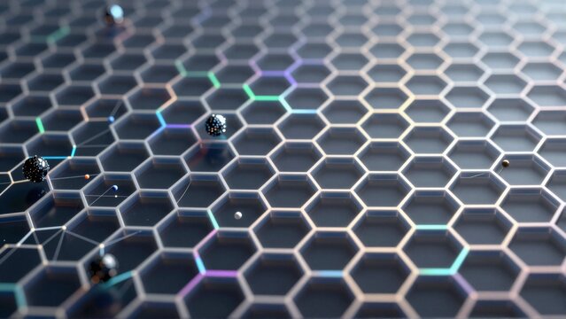 close hexagonal pattern small black spheres hexagons arranged grid like pattern hexagon having different color blue green purple background dark grey color few small white dots scattered throughout