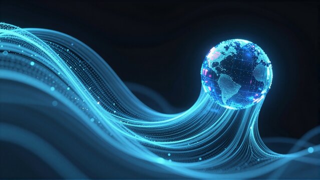 digital illustration globe center dark blue background globe small dots lines form wave like pattern around dots arranged way creates sense depth dimension while lines curved wavy overall effect