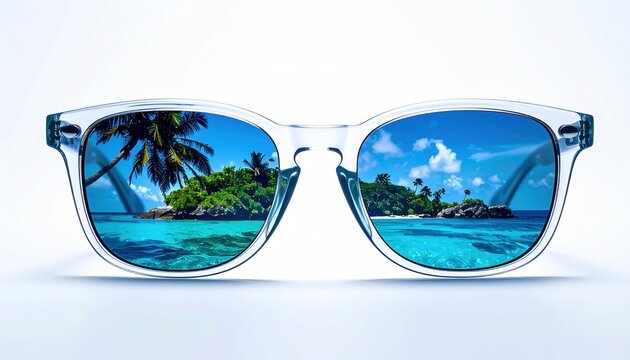 Transparent sunglasses with tropical island reflection, isolated on white background, photorealistic product photography