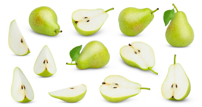 Green organic juicy pears isolated with shadows collection. Fresh pear and cut in a half and a slice of green pear isolate set.