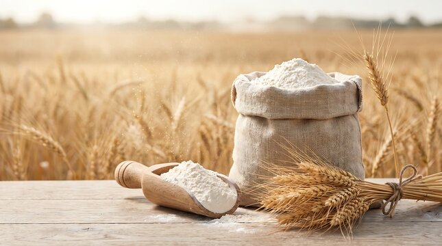 Sack of wheat flour with wooden scoop on rustic table in golden field background