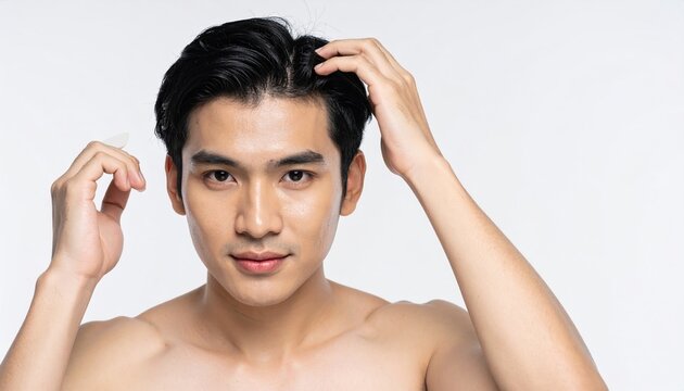 Male model applying hair clay on white background