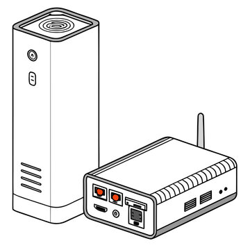Isometric view of wireless router and network hardware
