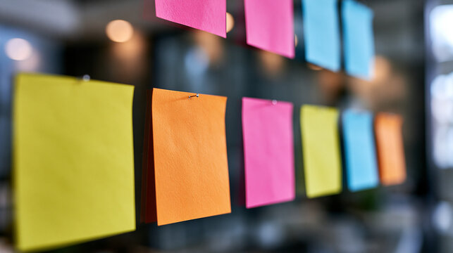 Colorful sticky notes pinned on a glass wall in an office. Ideal for brainstorming and task management concepts.
