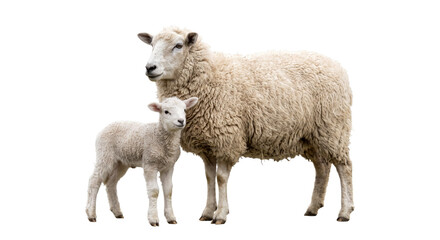 Fototapeta premium Mother sheep and her newborn lamb standing together on a white background