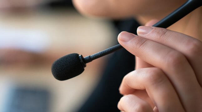 Close up of hand adjusting black headset microphone