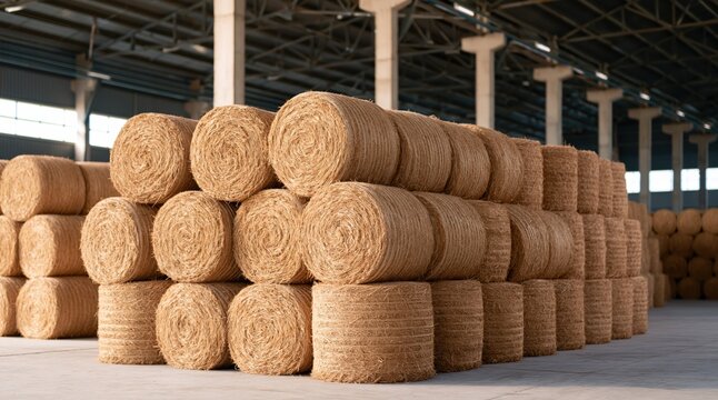 Large stack of round hay bales inside agricultural storage facility