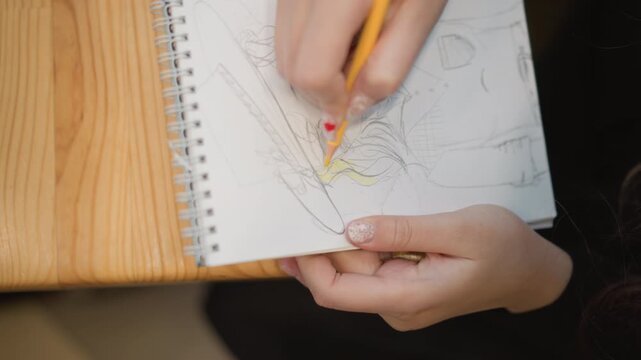 Top-down close view of hands sketching in spiral-bound sketchbook with pencil, capturing steady drawing movement, fresh graphite strokes, soft indoor light, and emerging landscape forms