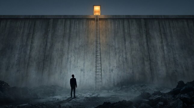 Person standing before a tall concrete wall with a ladder leading to a glowing doorway