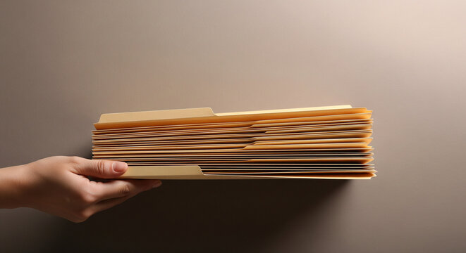 Manila office folders held by hand, stack of paper documents for filing, professional business organization and records management