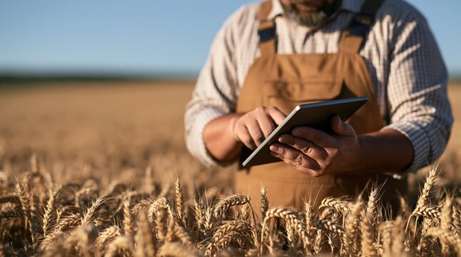 Farmer using digital tablet in wheat field