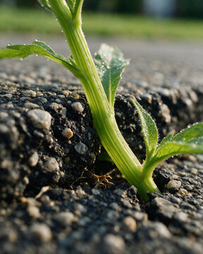 Macro detail of a green plant stem with morning dew drops growing in driveway cracks on black asphalt. Concept of origin, strength, and new life.