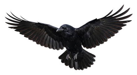 Fototapeta premium A majestic black raven with wings spread wide in flight against a white background