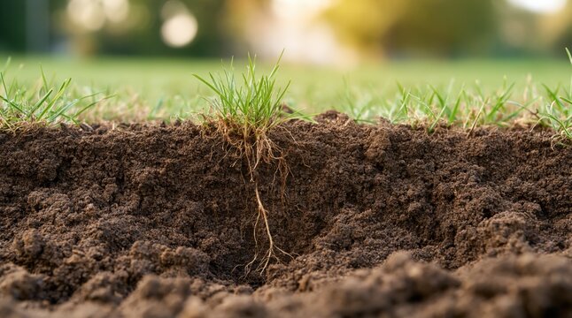 Close up grass roots in dark soil cross section
