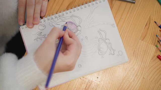 Top-down close-up shows child's hands coloring whimsical doodle illustrations in spiral-bound sketchbook using purple colored pencil, with one hand making short careful strokes while other hand