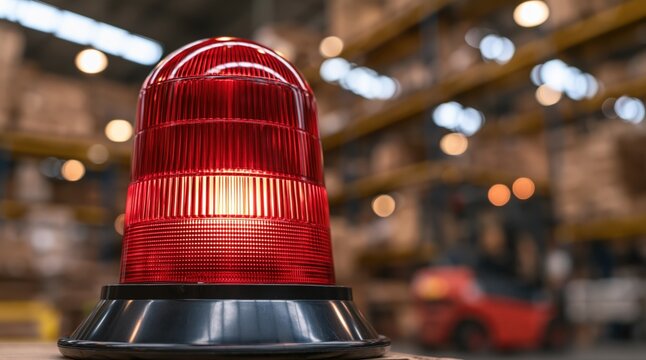 Red glowing emergency strobe light on blurred warehouse background