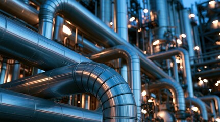 Fototapeta premium Industrial stainless steel pipes in chemical refinery plant at night