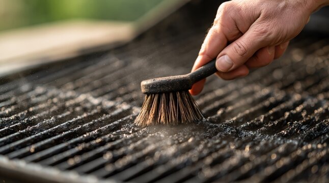 Hand scrubbing charred barbecue grill with brush