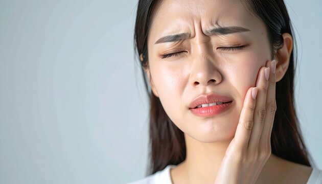 Close-up portrait of woman suffering from toothache while holding cheek, dental pain awareness concept, neutral background