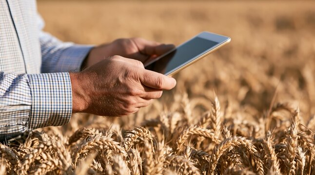 Close up of male hands using digital tablet in ripe wheat field