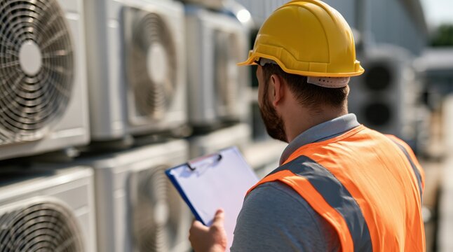 Technician in safety gear inspecting outdoor air conditioning units with clipboard
