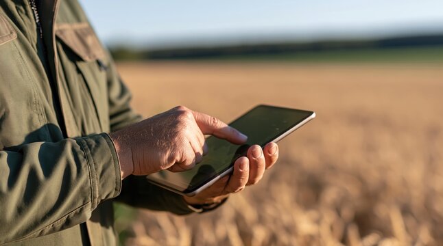 Farmer hands using digital tablet in wheat field for smart agriculture