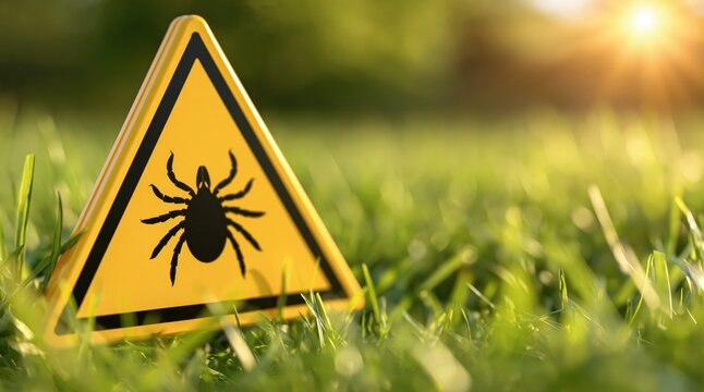 Yellow triangular warning sign with tick icon in green grass
